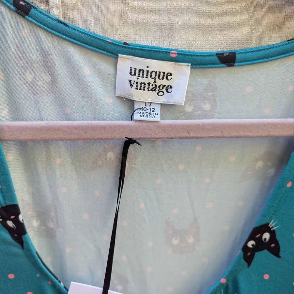 Unique Vintage Teal Cat Pattern Midi Dress - Picture 5 of 13